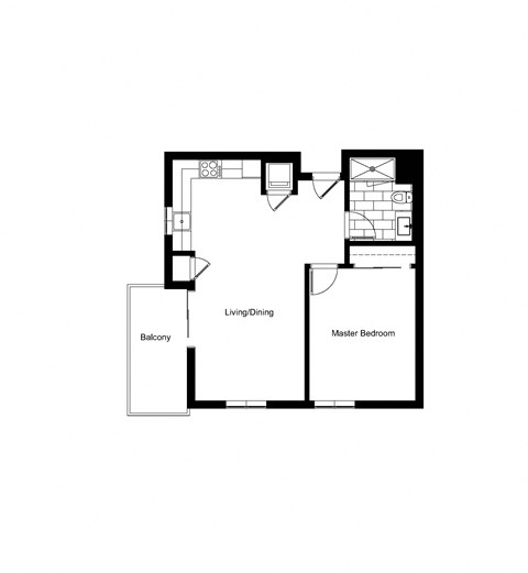 Floor plan for 1 bed, 1 bath, 684 sqft